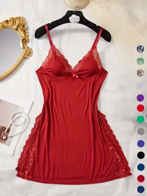 Women's Contrast Lace Bow Front Split Backless Cami Nightdress, Breathable Sleep Dress for Women, Lady Soft Comfortable Solid...