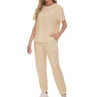 Women 2 Piece Tracksuit Sets with Pockets Waffle Knit Short Sleeve Side Slits Shirt with Long Outfits Pajama Pants Soft Sleep...