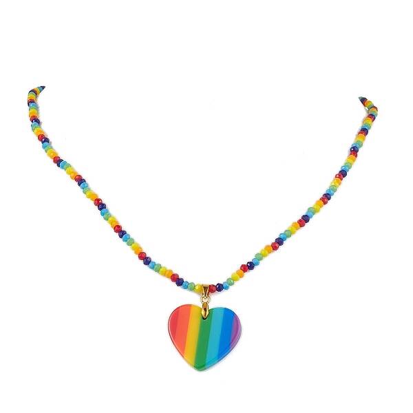 Rainbow Heart Plastic Stripe Pendant Necklaces