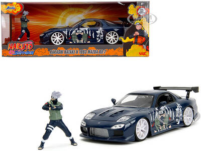 1993 Mazda RX-7 Dark Blue with Graphics and Kakashi Hatake Diecast Figure Naruto Shippuden (2009-2017) TV Series Anime Hol...