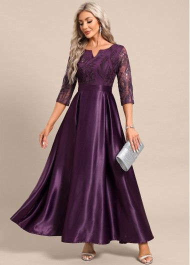 Modlily Dark Reddish Purple Lace Maxi 3/4 Sleeve Dress - XXL