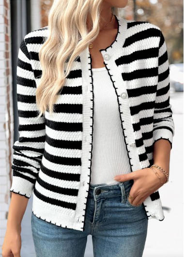 Modlily Black Button Striped Long Sleeve Cardigan - XL