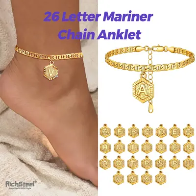 Richsteel Initial Anklet Mariner Chain Figaro Chain Heart Letter Pendant Minimalist Casual Ankle Bracelet Beach Jewelry for G...