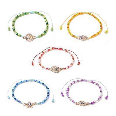 Alloy Enamel Evil Eye & Glass Seed Braided Bead Bracelet with Crystal Rhinestone for Women