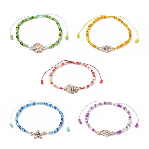 Alloy Enamel Evil Eye & Glass Seed Braided Bead Bracelet with Crystal Rhinestone for Women