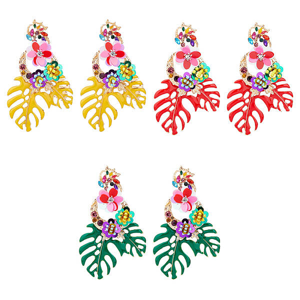 3 Pairs 3 Colors Flower & Leaf Rhinestone Dangle Stud Earrings