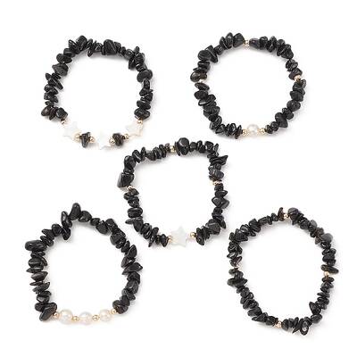 5Pcs 5 Style Natural Obsidian Chips Stretch Bracelets Set