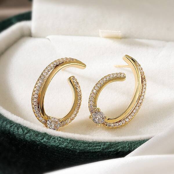 Brass Micro Pave Clear Cubic Zirconia Stud Earrings for Women