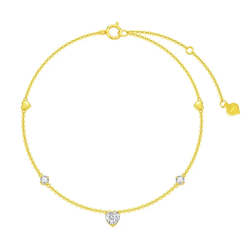 14K Gold Heart Cubic Zirconia Heart Single Layer Anklet For Women