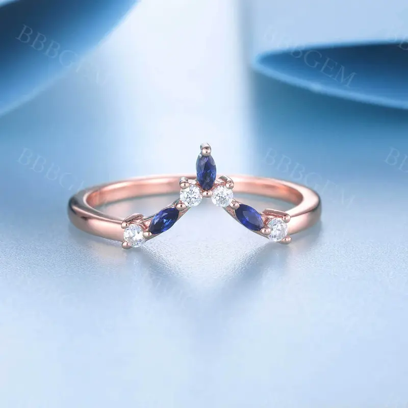 Blue Sapphire Diamond Wedding Band Dainty Curve Stacking Ring for Women