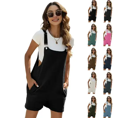 Tanming Women's Nylon Linen Short Overalls Summer Casual Bib Shortalls with Pockets Womenswear Black Adjustable Strap Bib Sho...