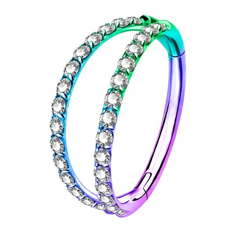 18G CZ Double Hoop Segment Nose Ring - Rainbow / 8mm