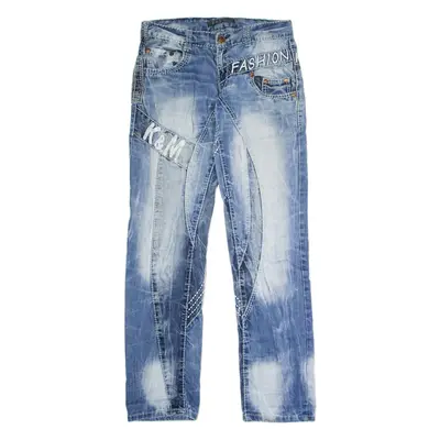 KOSMO Embroidered Patchwork Mens Jeans Blue Slim Straight Acid Wash W31 L32