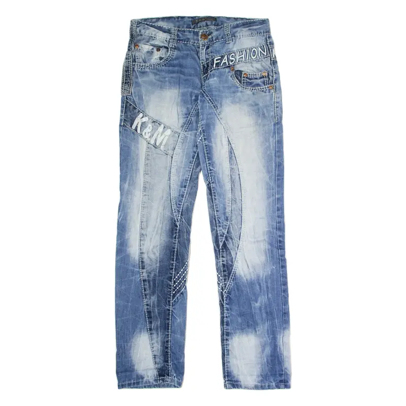 KOSMO Embroidered Patchwork Mens Jeans Blue Slim Straight Acid Wash W31 L32