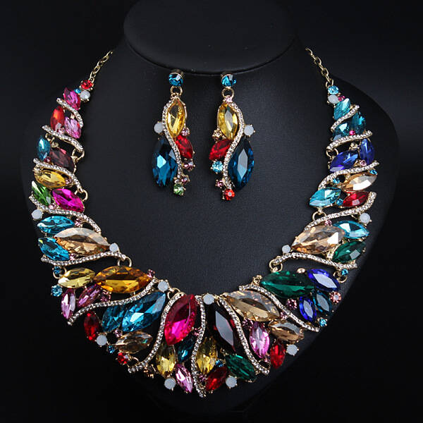 Alloy Rhinestone Pendant Necklaces & Teardrop Stud Dangle Earring Sets for Women
