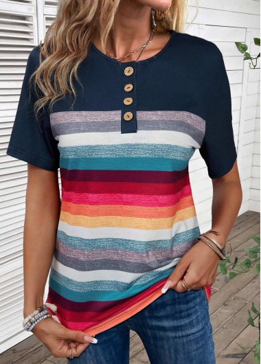 Modlily Navy Button Striped Short Sleeve T Shirt - S