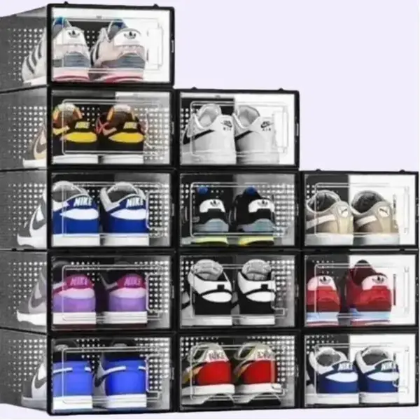 12 Pack Shoe Storage Bins, Medium Size Plastic Stackable Shoe Organizer for Closet, Black & White Frame Box Boxes