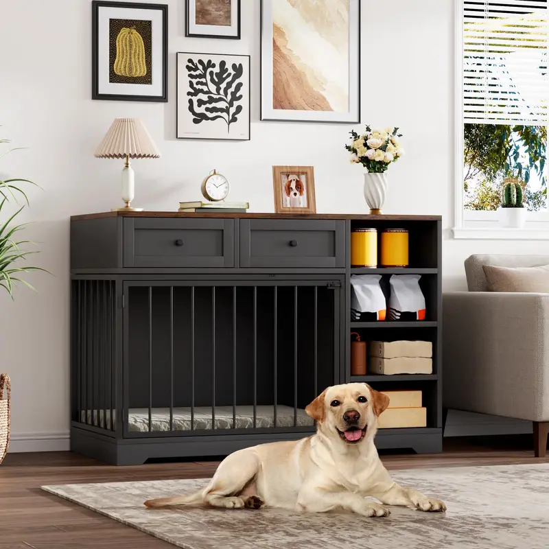 Garvee 47 Dog Crate Furniture Indoor with 2 Drawers & 4 Shelves, Large Dogs Kennel Furniture TV Stand, Wooden Dog Cage for L...