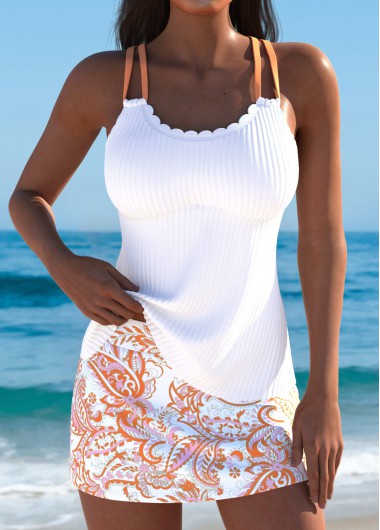 Modlily Mid Waisted Paisley Print Orange Tankini Set - XXL