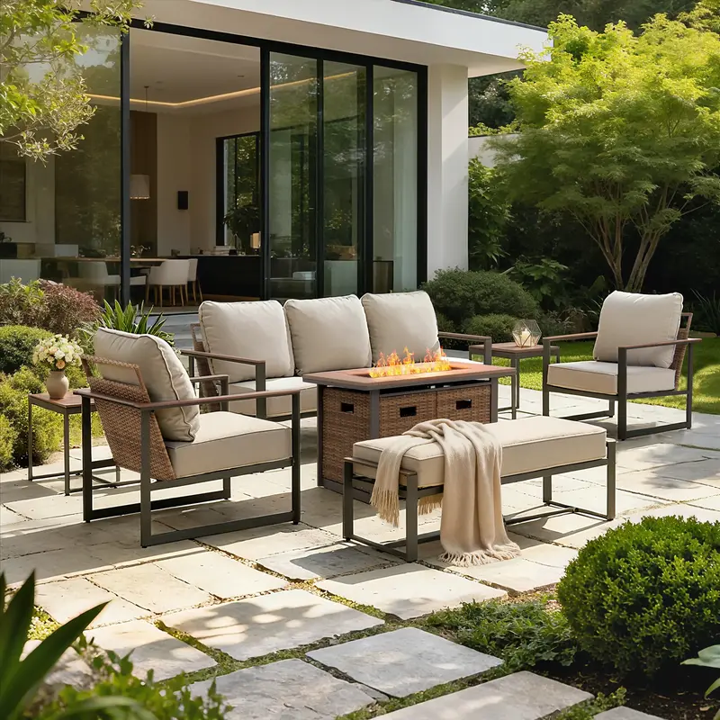 SUNJOY allen + roth Dorsey 7 -Piece Rattan Patio Sofa Conversation Set with Cream Cushions