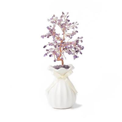 Natural Amethyst Chips with Brass Wrapped Wire Money Tree on Ceramic Vase Display Decorations
