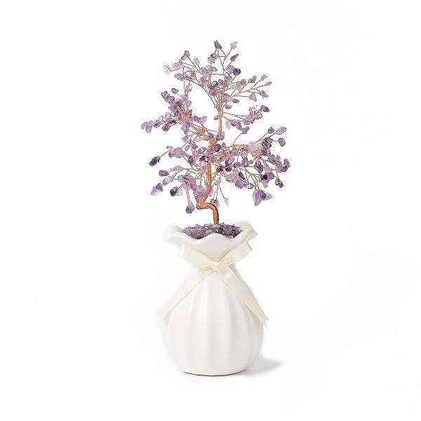 Natural Amethyst Chips with Brass Wrapped Wire Money Tree on Ceramic Vase Display Decorations