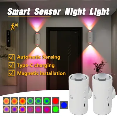 Smart LED Night Light with Motion Sensor, RGB Gradient Dimmable Wall Lamp, USB Rechargeable Indoor Ambient Lighting, Magnetic...