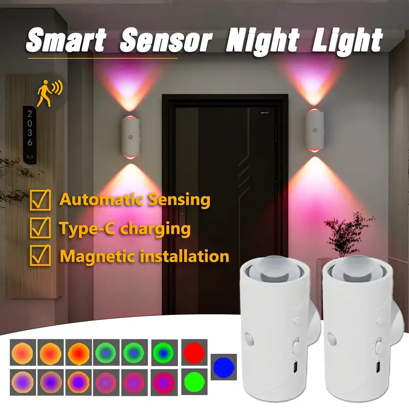 Smart LED Night Light with Motion Sensor, RGB Gradient Dimmable Wall Lamp, USB Rechargeable Indoor Ambient Lighting, Magnetic...