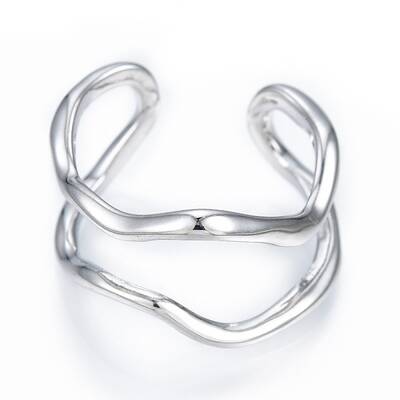 Brass Double Line Wave Open Cuff Ring for Women