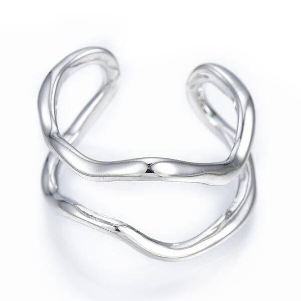 Brass Double Line Wave Open Cuff Ring for Women
