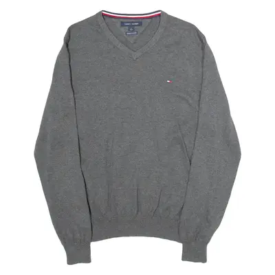 TOMMY HILFIGER Premium Cotton Mens Jumper Grey V-Neck Tight Knit M