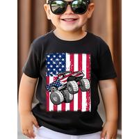 4th of July Boys' Patriotic Monster Truck T-Shirt - Soft Cotton, Round Neck, Short Sleeve - American Flag Design for Independ...