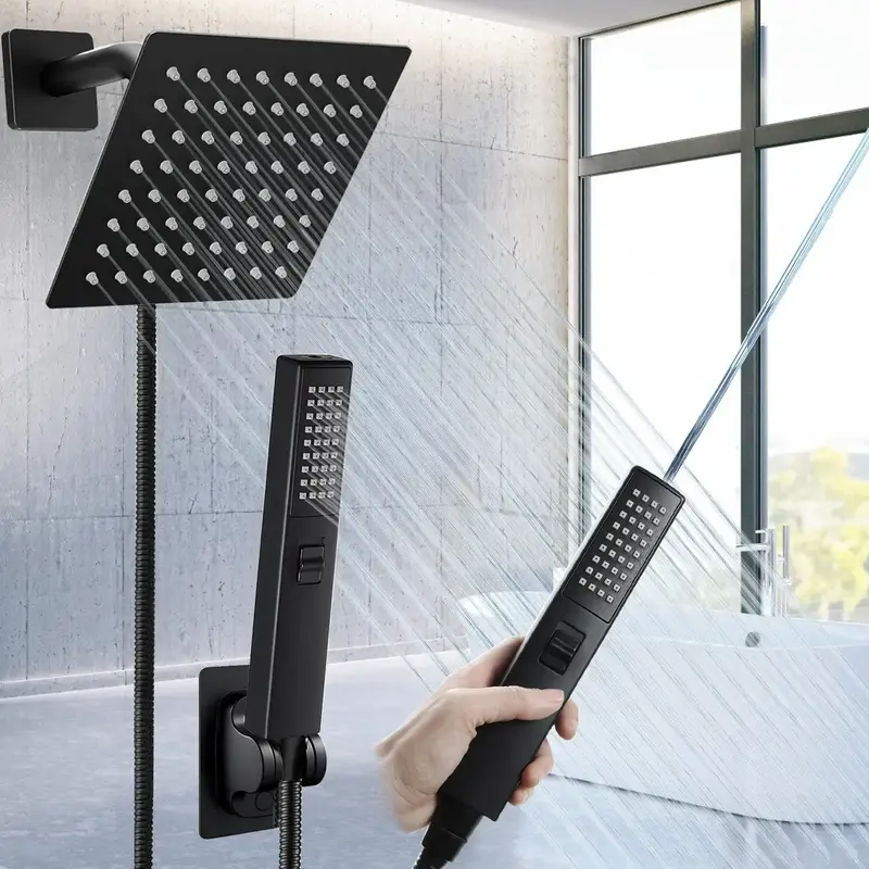 Shower Head Set, 1 Set Including 6/8 Inch Square Showerhead & Handheld Shower Heads & Self-adhesive Bracket & Stainless Steel...