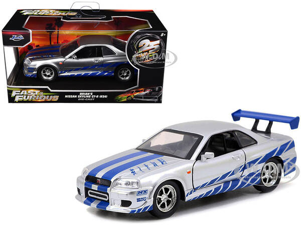 Brian's Nissan Skyline GT-R (R34) RHD (Right Hand Drive) Silver Metallic with Blue Stripes 2 Fast 2 Furious (2003) Movie F...