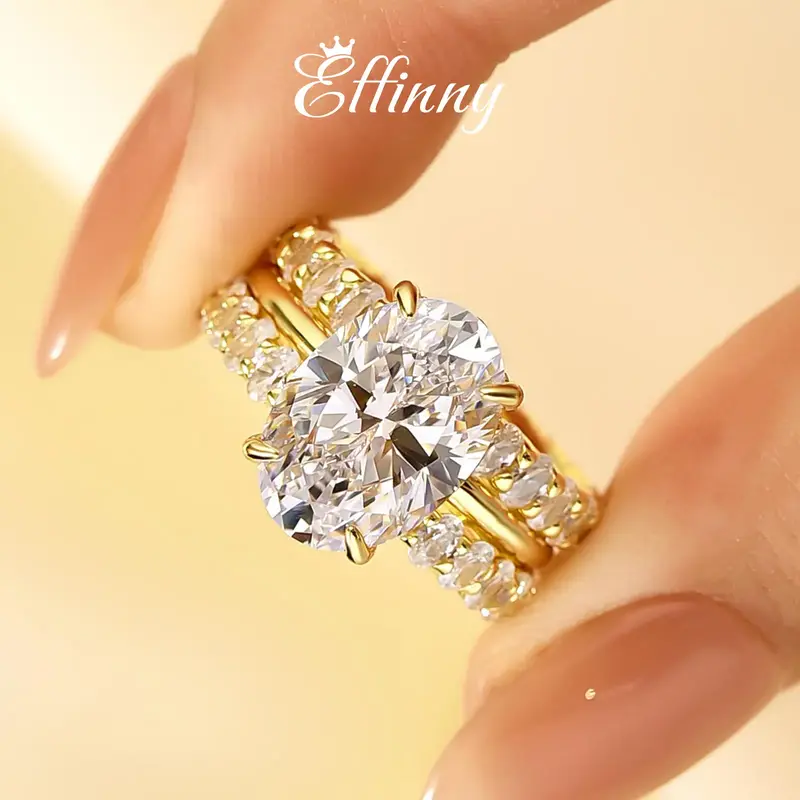 Effinny Jewelry Oval Cut 4.5ct Golden Wedding Ring Set in S925 Sterling Silver, 5A Cubic Zirconia Travel Ring Set, Bridal Rin...