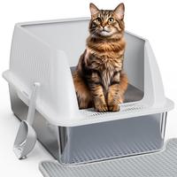Petterm Stainless Steel Cat Litter Box with Scoop & Mat, Large Semi or Fully Enclosed Design, High-Side Enclosure, Non-Sticky...