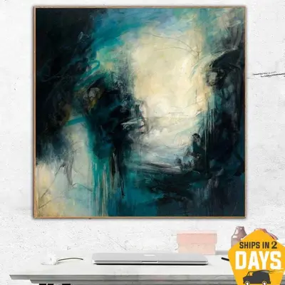 Large Abstract Painting On Canvas: Original Oil Artwork in Blue, White, Black, Yellow Colors as Contemporary Art for Living R...