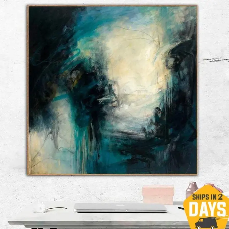 Large Abstract Painting On Canvas: Original Oil Artwork in Blue, White, Black, Yellow Colors as Contemporary Art for Living R...