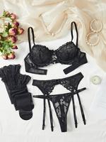 Women's Contrast Lace Sexy Lingerie Set, Bra & Garter Belt & Thong & Stockings & Gloves Set, Matching Lingerie Set for Women ...