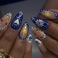 Almond Press on Nails for Christmas Gift, 24pcs/box Flower & Sun Pattern Fake Nails with Tools, Removable Nail Art Artificia...