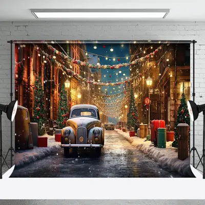 Aperturee Festive Snowy Town Street Lights Christmas Backdrop - Aperturee