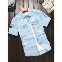 2025 new Manfinity Homme Men's Casual Washed Distressed Denim Short Sleeve Shirt Men Jean Shirt