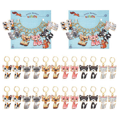 12Pcs 6 Style Cat Alloy Enamel Pendant Locking Stitch Markers
