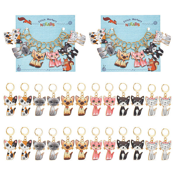 12Pcs 6 Style Cat Alloy Enamel Pendant Locking Stitch Markers