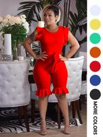 Women's Solid Ruffle Trim Belted Flounce Sleeve Skinny Romper, Casual Sleeveless Round Neck Zipper Bodysuit for Summer, Ladie...