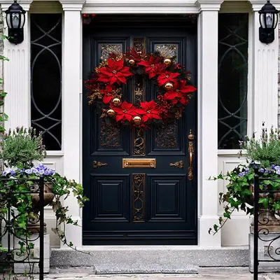 Gold Ribbon Bow Poinsettia Wreath Christmas Door Cover - Aperturee