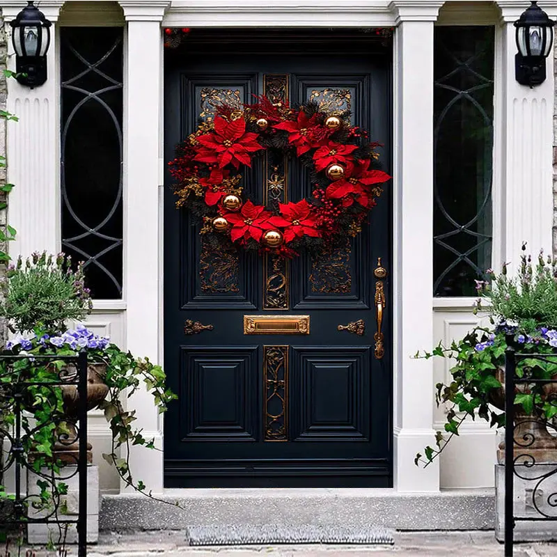 Gold Ribbon Bow Poinsettia Wreath Christmas Door Cover - Aperturee
