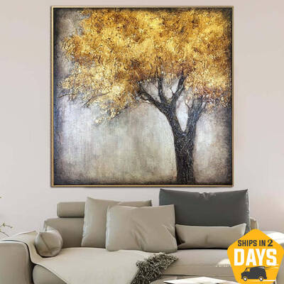 Extra Large Original Abstract Tree Paintings On Canvas Gold Nature Fine Art Modern Rich Textured Painting | GOLDEN TREE 15.7&...