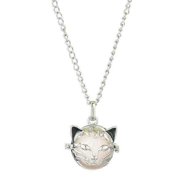 Natural Rose Quartz with Brass Cat Head Pendant Necklaces