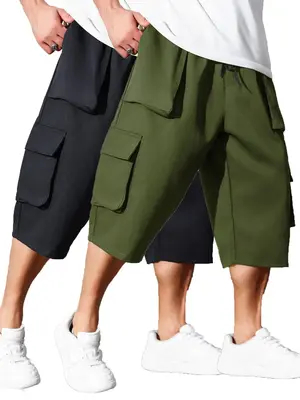 ćPlus Sizeć Men's Solid Flap Pocket Drawstring Waist Capri Cargo Pants, Street Fashion Regular Fit Capri Pants for Daily ...